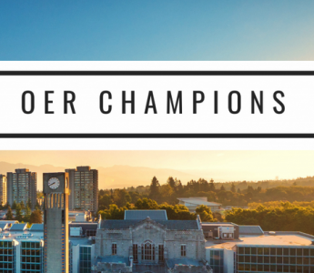 Image of UBC Campus with the words "OER Champions"